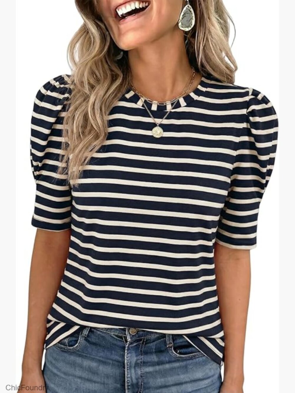 Puff Sleeve Striped T-Shirt, Loose Fit, Lightweight Cotton Blend, Summer Top